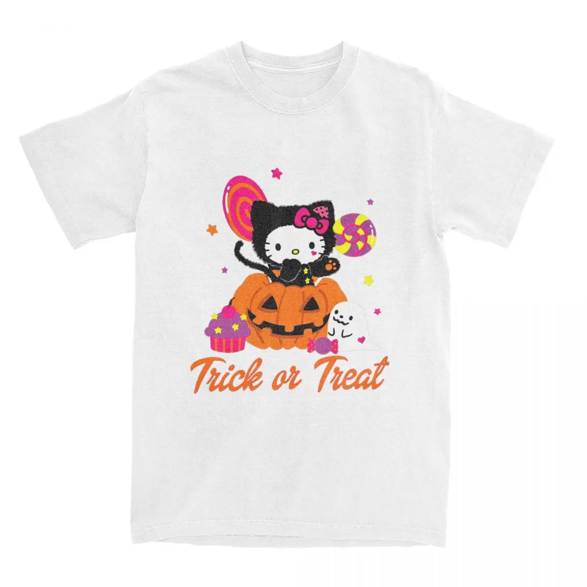 Oversized T-Shirt Hello Kitty Cartoon Cat Cotton T-Shirts Halloween Pumpkin Bat Tee Shirt for Couple Short Sleeve Clothing image 4