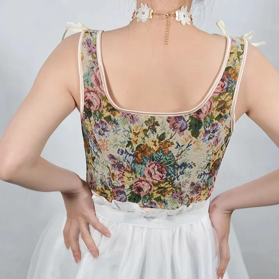 Floral Lace Up Corset Top Renaissance Corset Bustier Crop Top Vintage Corset Lace Tanks Camisole Fairycore Costume