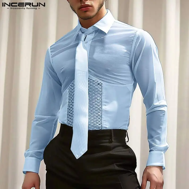 INCERUN Men Shirt Mesh Patchwork Lapel Tie Long Sleeve Fitness Transparent Men Clothing Streetwear 2024 Fashion Casual Camisas