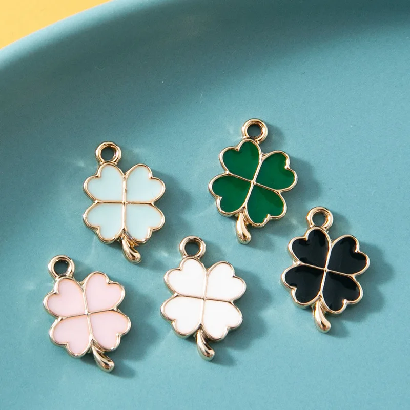 20pcs/Lot Gold Color Plated Enamel Charms Lucky Four Leaf Clover 8*14mm DIY Making Findings Handmade Jewelry Pendants