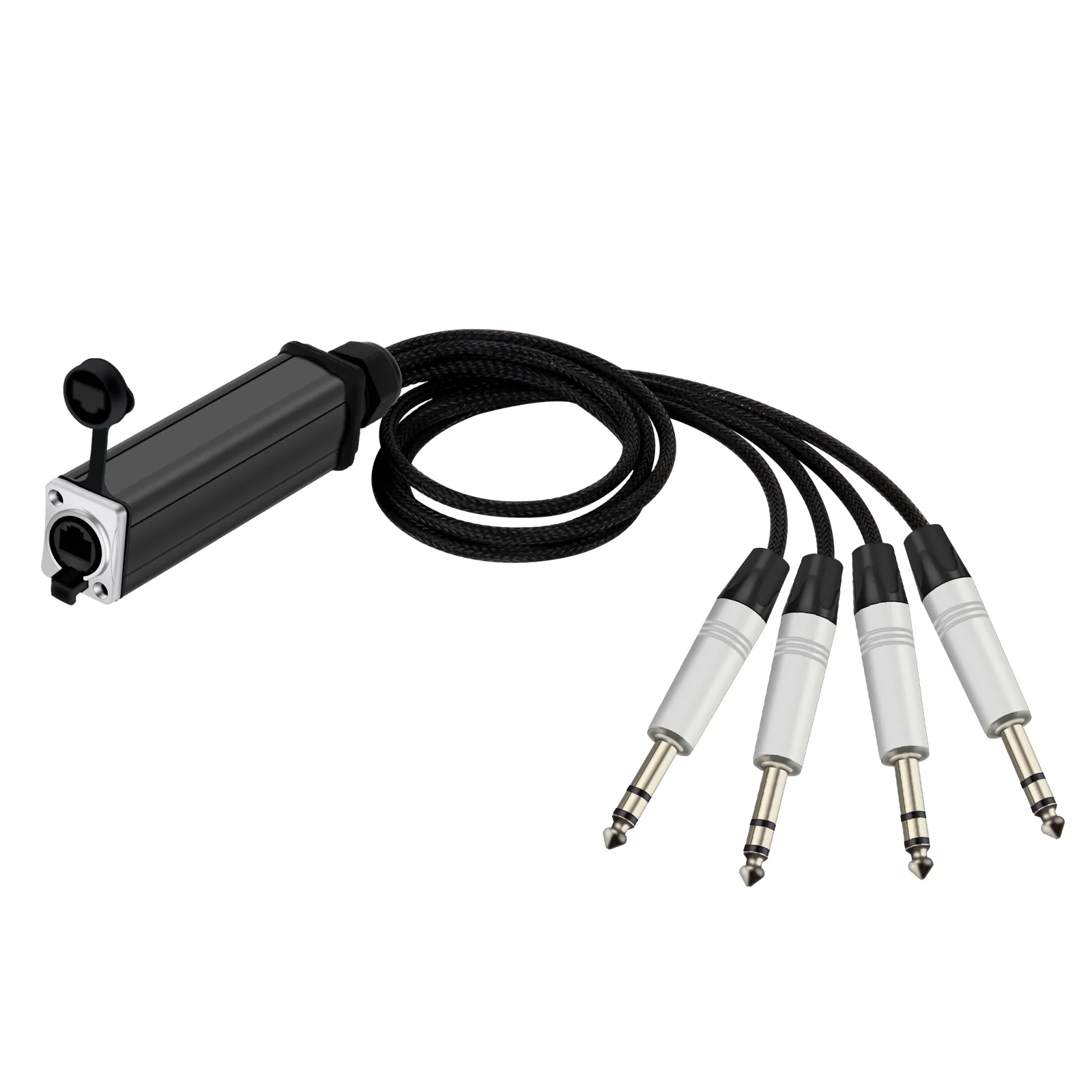 RJ45 CAT5 to 4 Channel 6.35mm 1/4 Inch Aluminum Tube 6.3mm 3Poles Stereo Male Plug Audio Cable Network Signal Extender Splitter