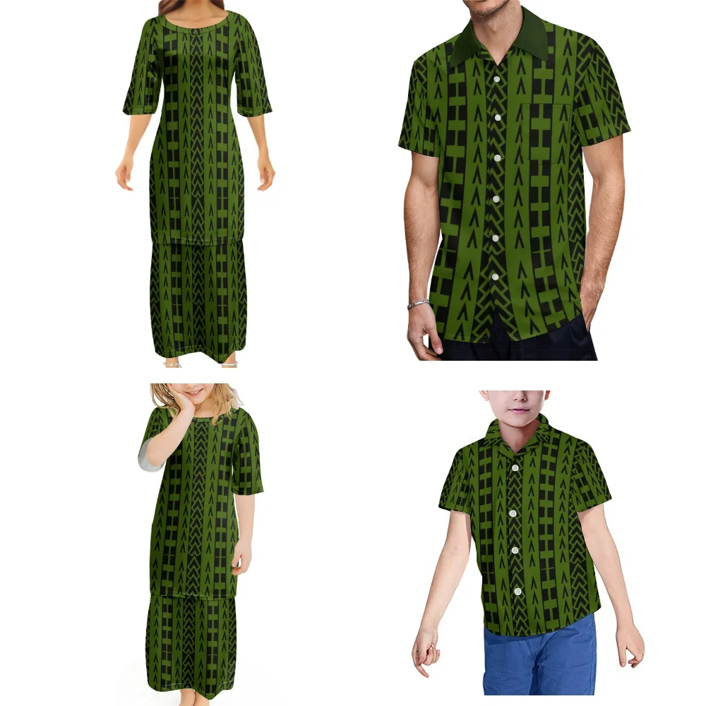 Polynesian Tribal Style Printed Custom Clothing Puletasi Mother-Daughter Skirt And Father-Son Short-Sleeved Shirt