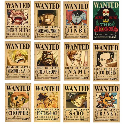 10Pcs Anime One Piece Luffy Wanted Vintage Posters Set for Room Wall Decoration Cartoons Zoro Wanted Painting Stickers Toys Gift