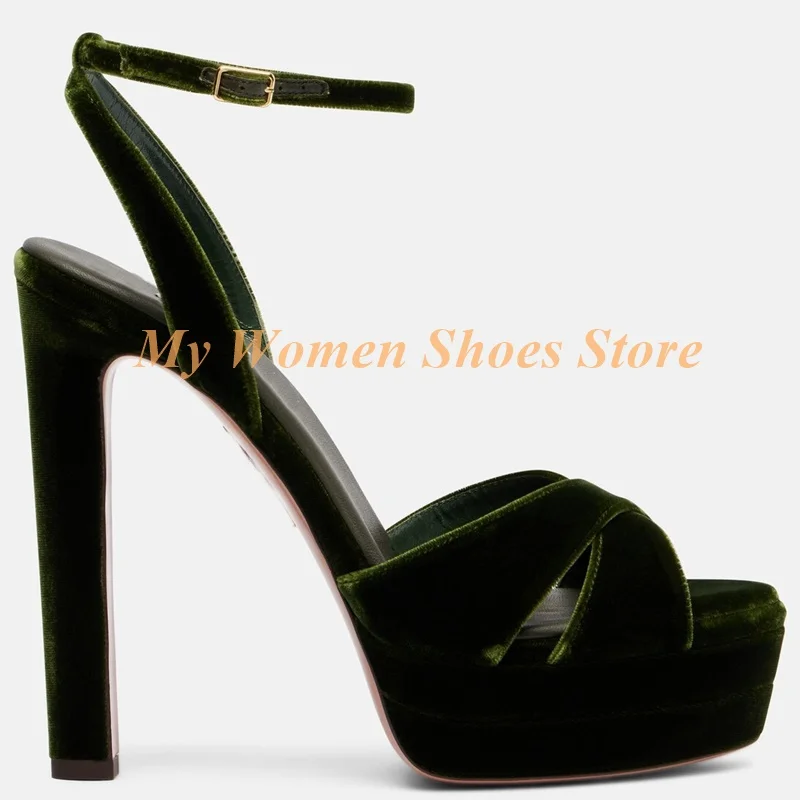 

Silk Platform Ankle Buckle Strap Sandals Velvet Open Toe Runway 2026 Summer Women Dress Shoes Block High Heel Solid Customized