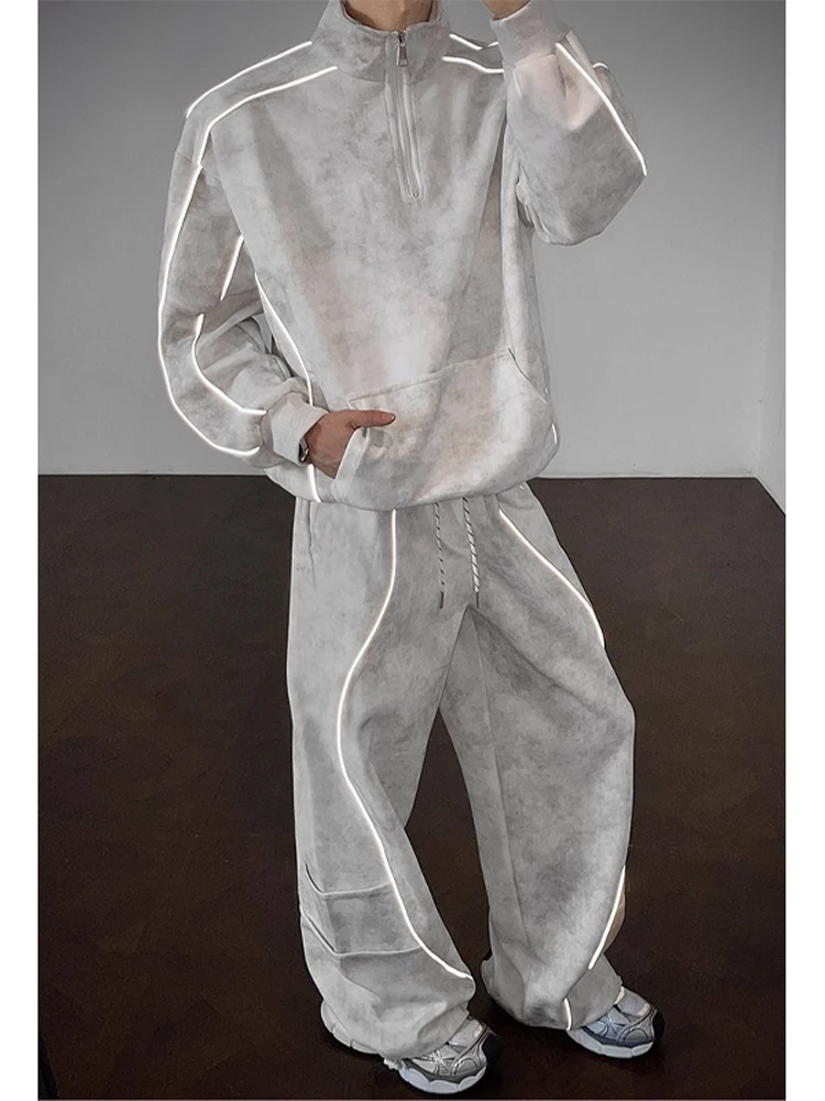 

Американский окрашенный комплект спортивной одежды, мужской осенний свитшот с воротником-стойкой на молнии, широкие брюки-ножи, одинаковый комплект всей одежды