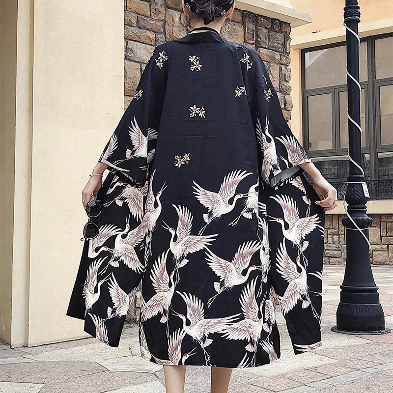 European and American Retro Loose Plus-Size Crane Print Vacation Beach Cover-Up Sun Protection Clothing Summer Mid-Length Slit Bathrobe Sexy Nightgown Cardigan Thin Jacket