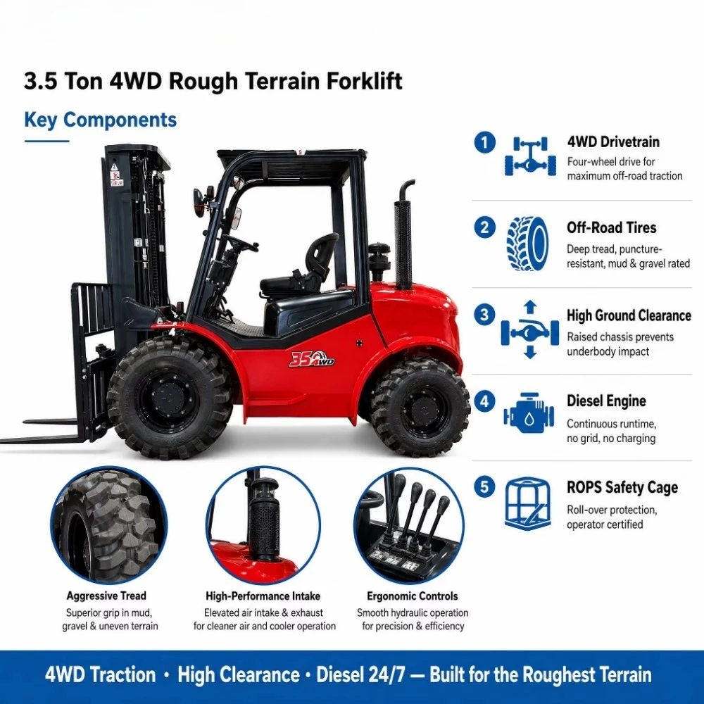 Heavy Duty Heli Forklift 3.5Ton 4x4 Rough Terrain Forklift Truck Counterbalanced Internal Combustion Loader Japanese Tech