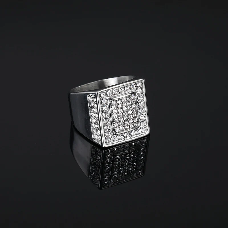 HIP HOP Bling Iced Out Gold Color Titanium Steel Geometric Square Rings for Men Rock Jewelry Drop Shipping