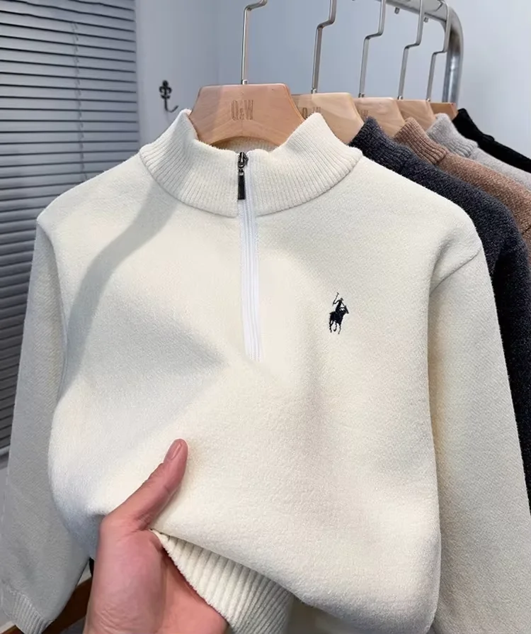 

High quality half zip collar sweater men's fashion designer brand horse riding embroidery winter with plush warm knit pullover
