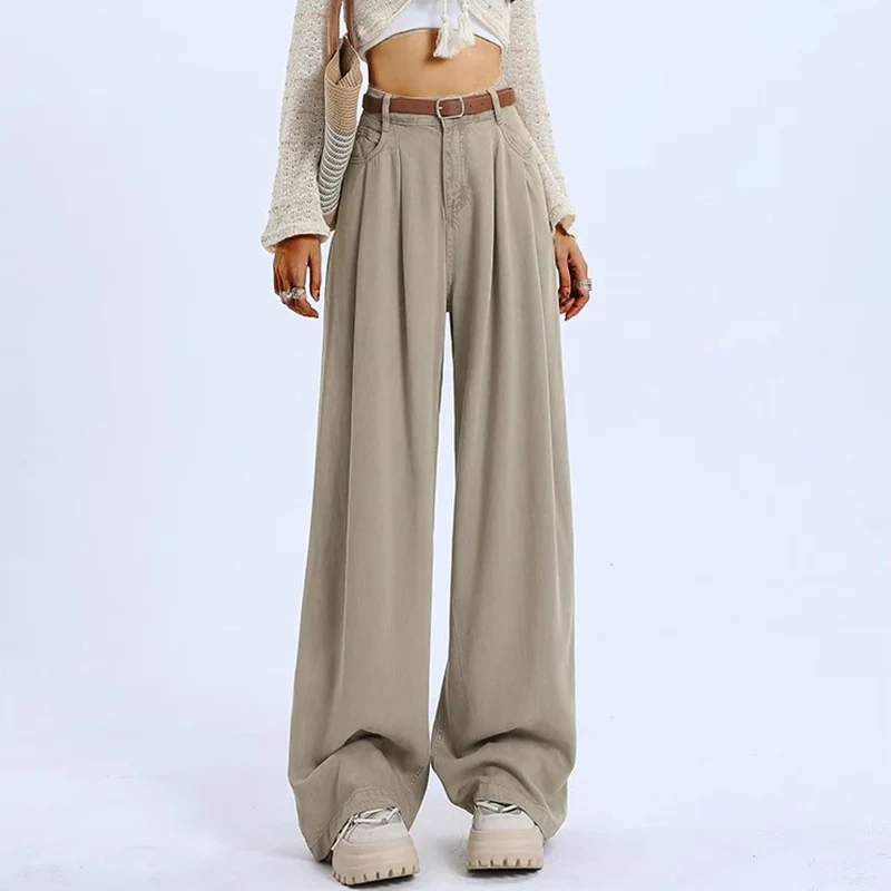 Woman High Waist Loose Wide Leg Pants Female Straight Leg Jeans Girls Fashion retro blue khaki gray light Blue Denim Trousers
