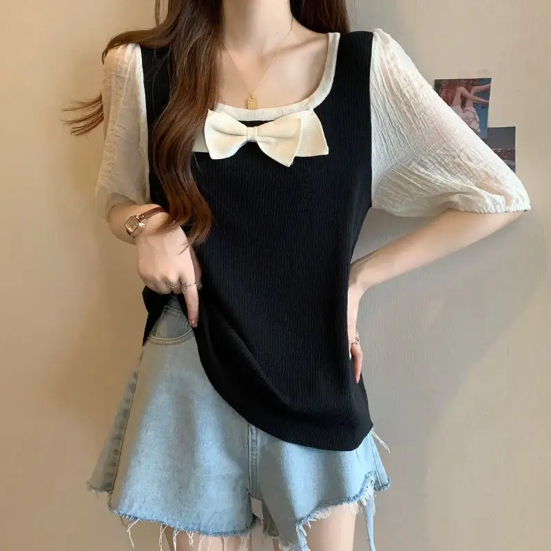 Fashion Square Collar Spliced Bow Fake Two Pieces T-Shirt Female Clothing 2024 Summer New Loose All-match Tops Sweet Tee Shirt