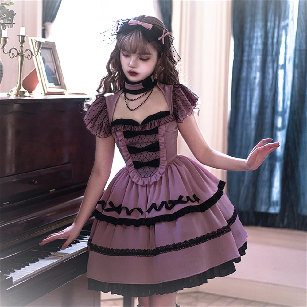 

Sweet Lolita Elegant Ruffled Dress Cla Three-dimensional Bow Stitching Choker Japanese Loli Tea Party Lo Dress