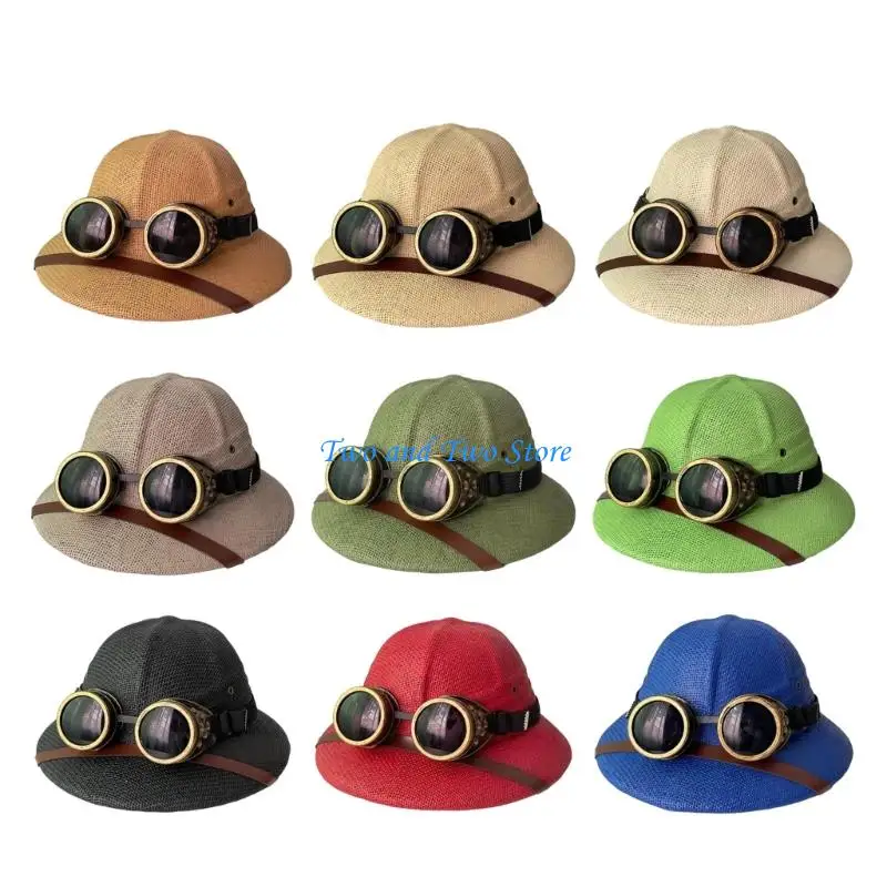 

HX6F Steampunks Riding Helmet Hat Sun Vietnamese Hat with Goggles For Outdoor Event And Costume Accessory