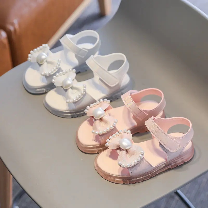 

Children Summer Sandals Non-Slip Bowknot Pearl Decorate Toddler Shoes Kids Girls Beef Tendon Flat Footwear