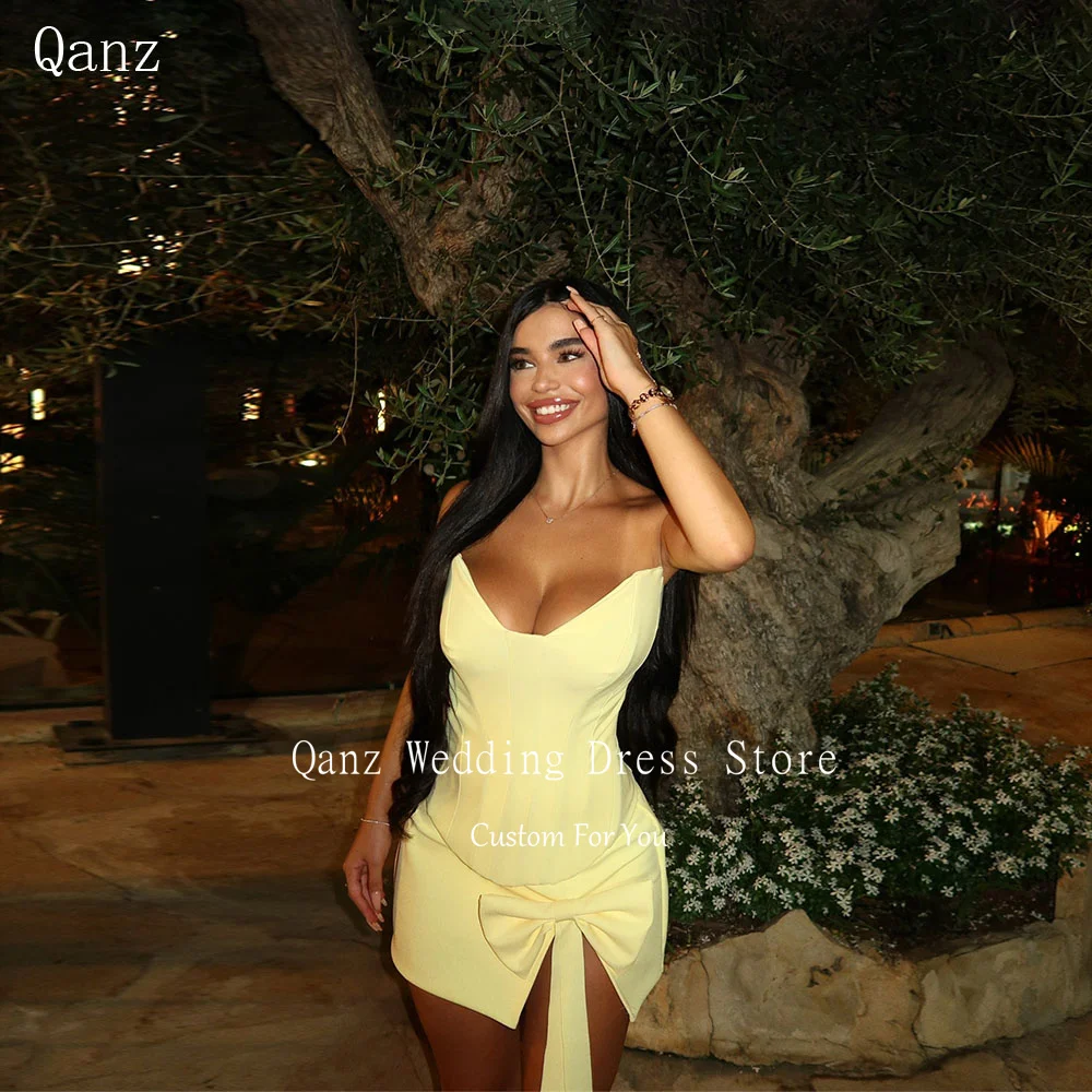 

Qanz Corset And Skirt Prom Dresses Sexy Mini Vestidos Para Eventos Especiales Yellow Satin Short Vestidos De Fiesta Customized