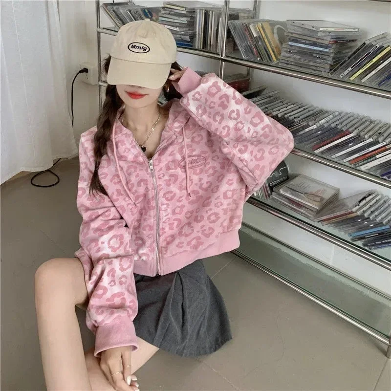 Roze Zip Hoodie Y2k Harajuku Streetwear Luipaard Print Dames Hip Hop Mode Rits Losse Casual Lange Mouw Top Vrouwen Ulzzang