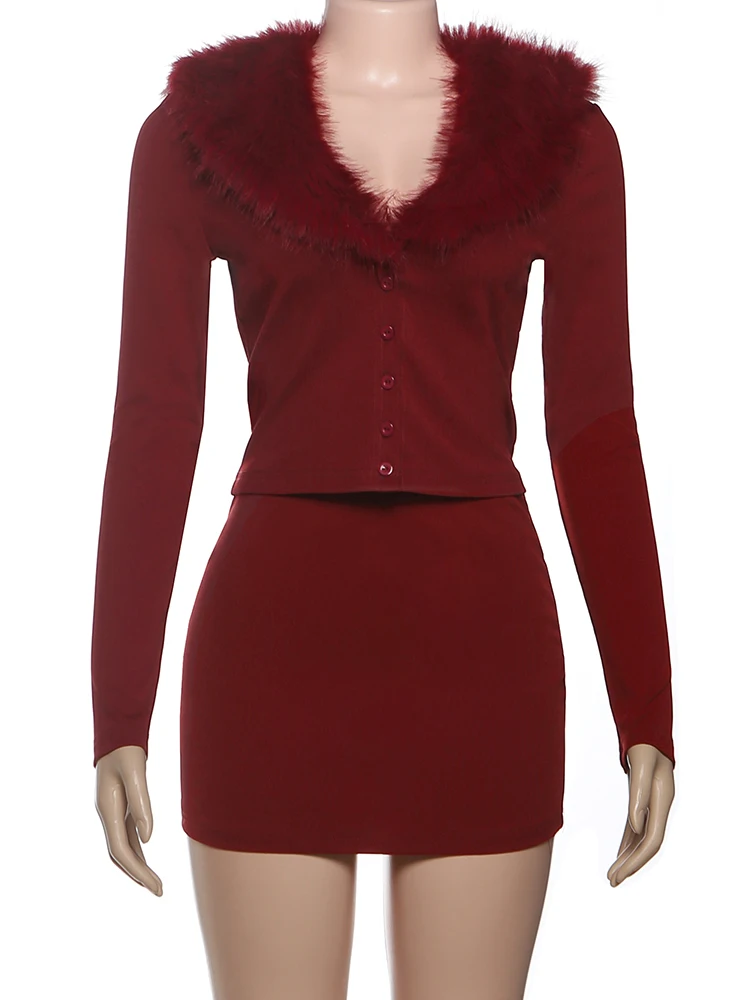 Nibber Prom Party Luxus 2-teiliges Set für Damen, pelzig, tiefer Ausschnitt, einreihig, volle Ärmel, Tops + Miniröcke, elegante Mitternacht-Outfits