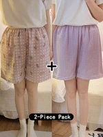 2-Pack Summer Thin Women's Sleep Pants Loose Sweet Plaid Print Shorts Comfortable Casual Home Clothes for Girls