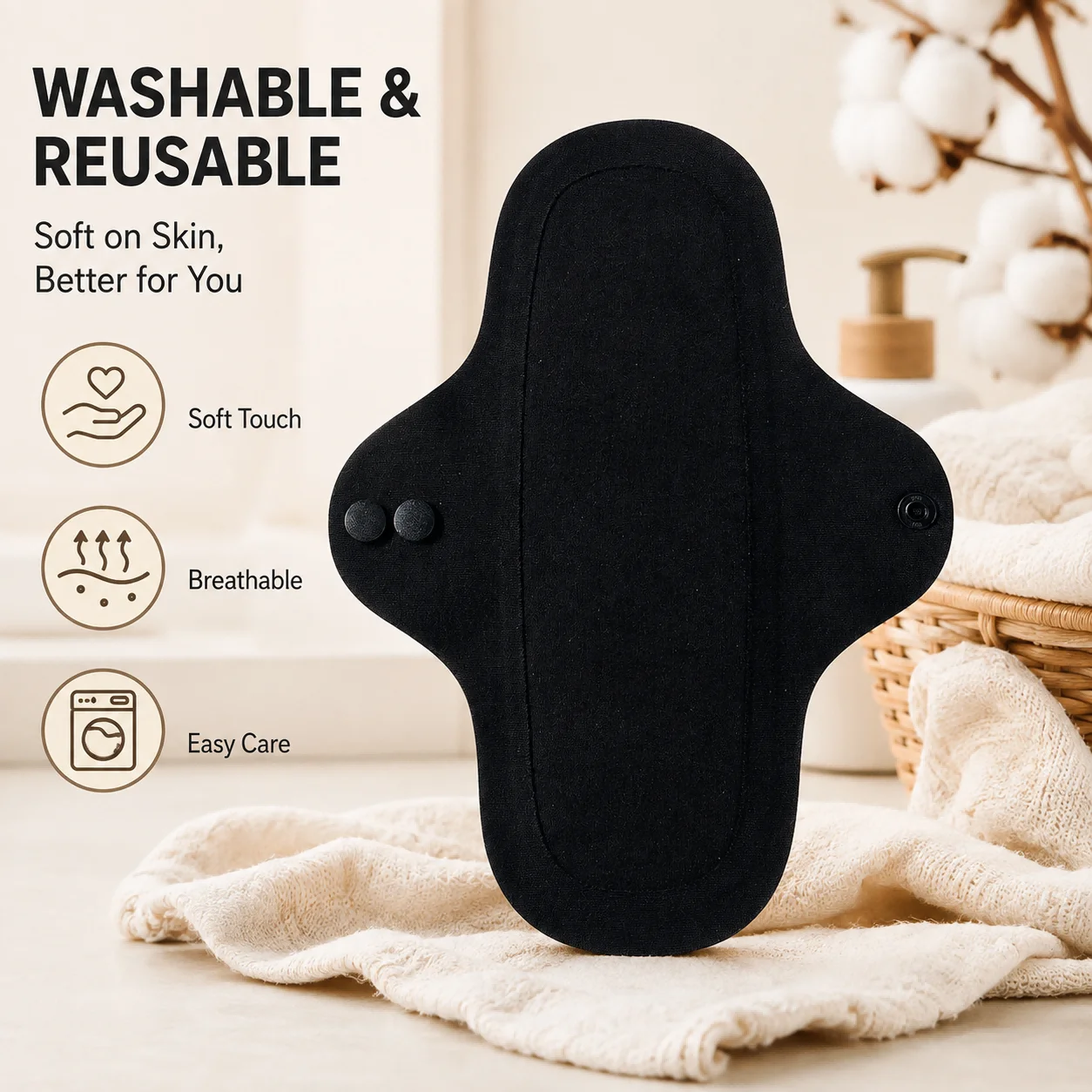 6 Pieces Heat-Pressed Washable Reusable Cloth Pads, Soft Breathable Comfortable Design, Easy Care, Secure Snap Fit for Daily Use