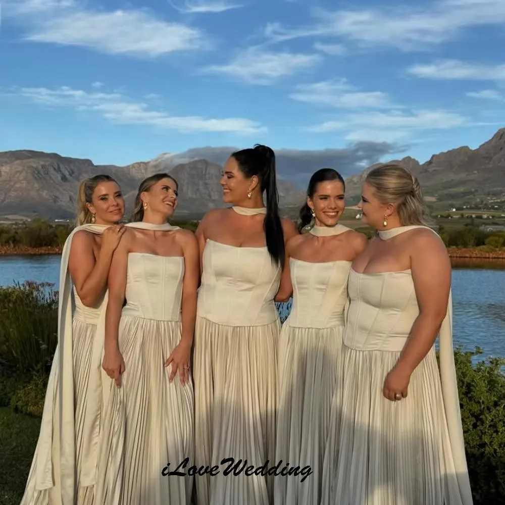 Bridesmaid Dresses Off-White Wedding Party Dress For Woman Guest Satin Strapless Ruched A-Line Elegant Evening Dress Customized