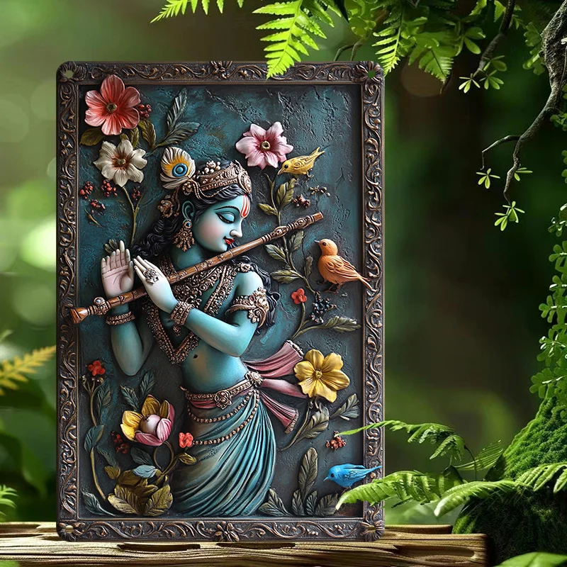 

Krishna Playing Flute with Flowers & Birds, Aluminum Wall Art for Home, Kitchen, Cafe, or Garage Decor, 7.9x11.8"/11.8x17.7, 1pc