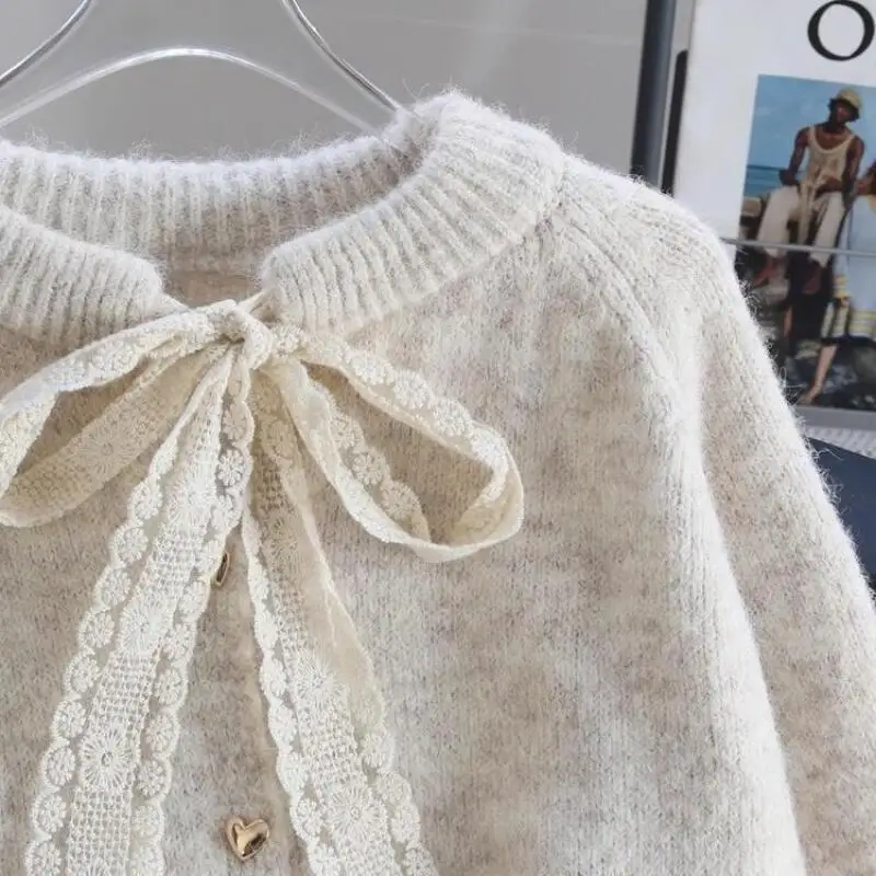 فتاة شريطة من الدانتيل سترة الأميرة موضة طويلة الأكمام محبوك قميص تنوعا ربيع الخريف الملابس خارج قميص سترة #5