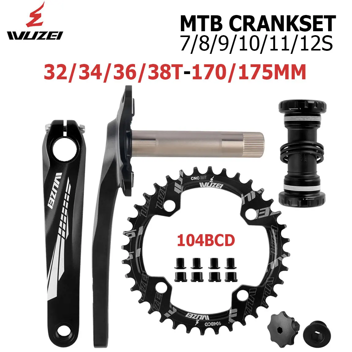 

WUZEI MTB Bicycle Crankset 170 175mm Mountain Bike Sprocket 104BCD 32-52T Chainring Narrow Wide Chainset Bike Candle Foot