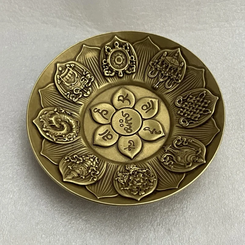 Wholesale Antique-Style Pure Copper Eight Treasures Buddha Plate Lotus Seat Pattern Plate Incense Holder Craft Ornament for Wors