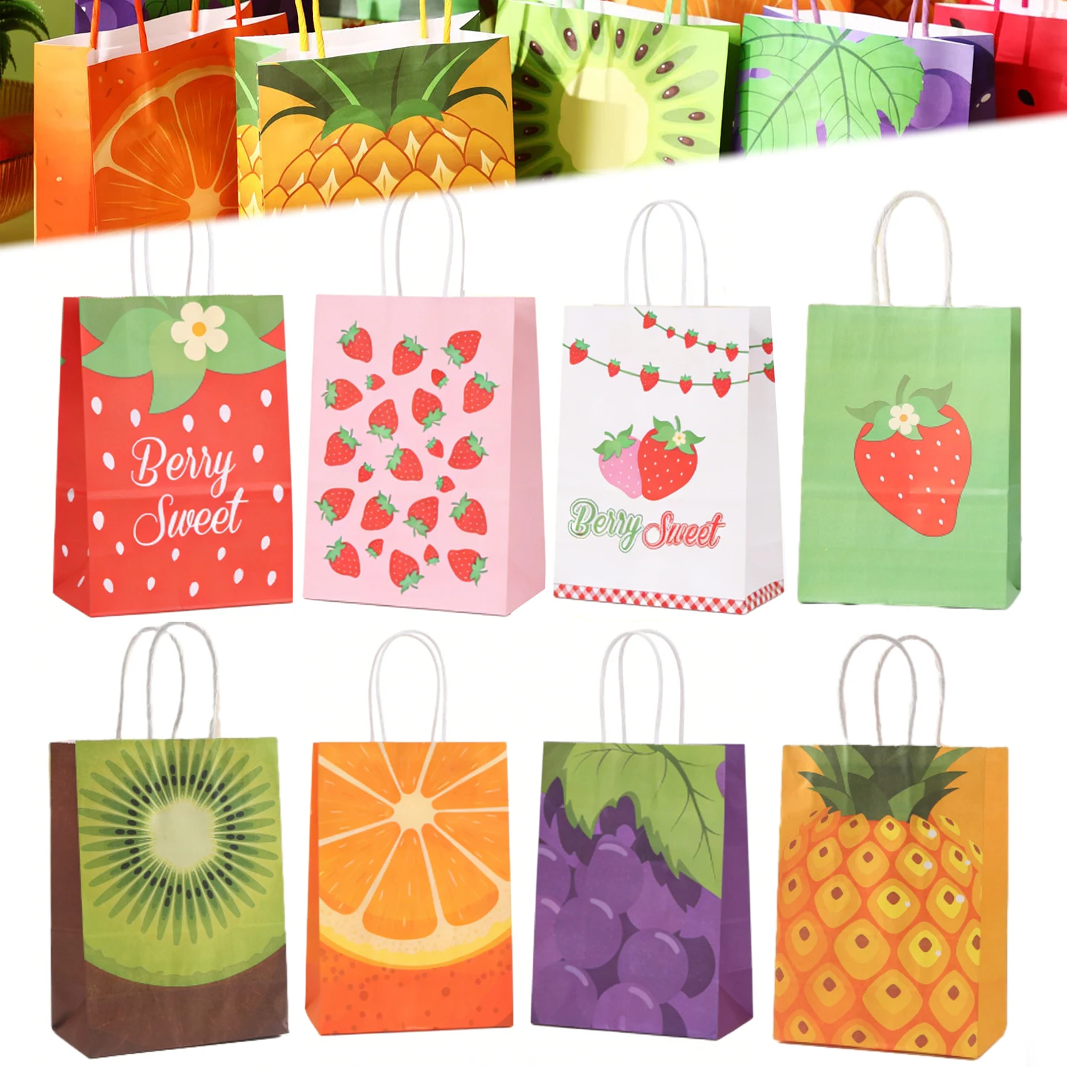 16 Stück Frucht-Geschenktüten, Sommer-Tutti-Frutti-Papiertüten für Geburtstag, Babyparty, tropische Themenparty-Zubehör