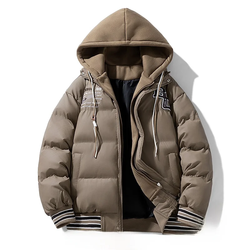 

New Men's Thickened Cotton Jacket Winter Warm Bread Style Loose Casual Hooded Fake Two-Piece Coat Polyester Fiber Online Excl...
