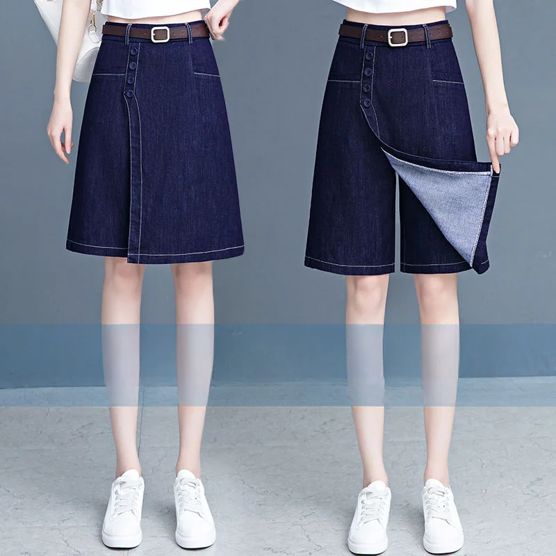 Denim Culottes Women Clothing New Fashion High-waist Fat Sister Show Thin Cover Meat Prevent Naked One Half Culottes Jean Skirt