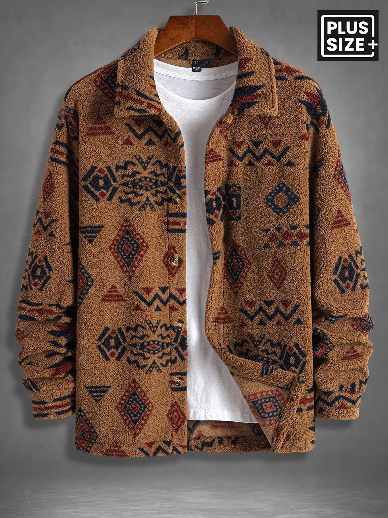 Men's Thick Jacquard Lambswool Lapel Jacket, Vintage Geometric Ethnic Style Plush Jacket, Loose Fit for Commuting and Outdoor Use, Cold-Resistant Versatile Men's Top