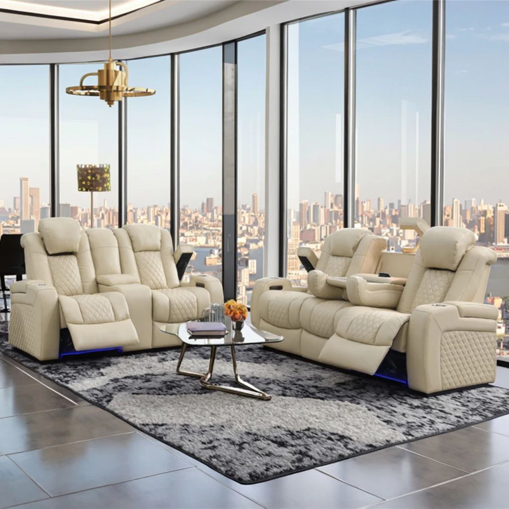 

#Luxury Modern Extendable 3 2 1 Genuine Leather Electric Power Reclining Sofa Set with Wood Frame
