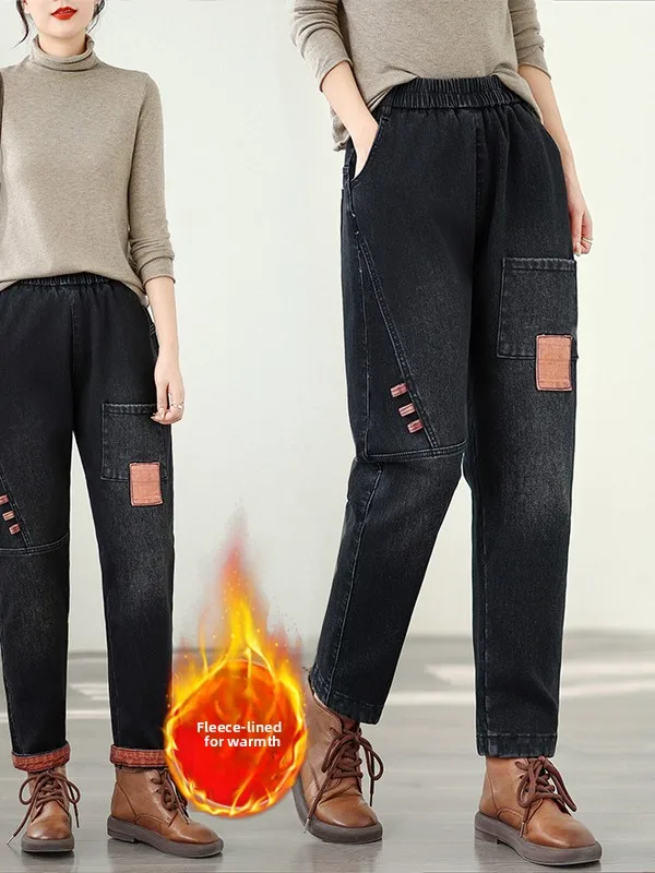 

Утепленные джинсы Mom Fit свободного кроя с художественным принтом, женские повседневные модные брюки из хлопкового денима с высокой талией, зима 2025