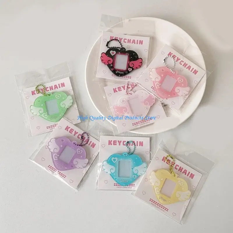 U2JEポータブル1インチ写真所有者キーチェーンハートウイングハードカードフォルダー付きフォトカードホルダー学生オフィスワーカー