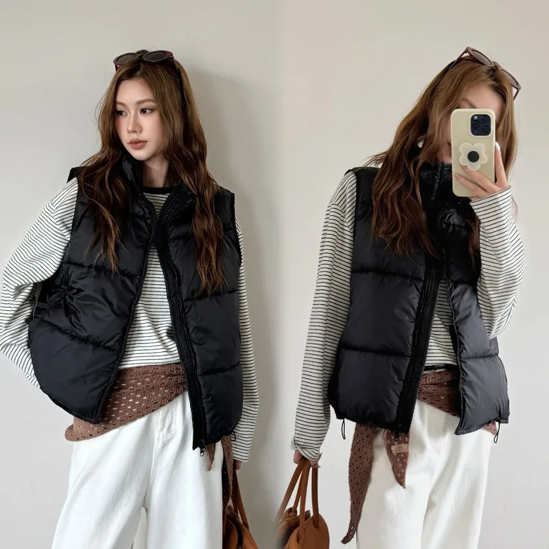 Stand Collar Women Vest Jacket Autumn Winter Lightweight Quilted Padded Zipper Pocket Windproof Loose Casual Layering Gilet Wear