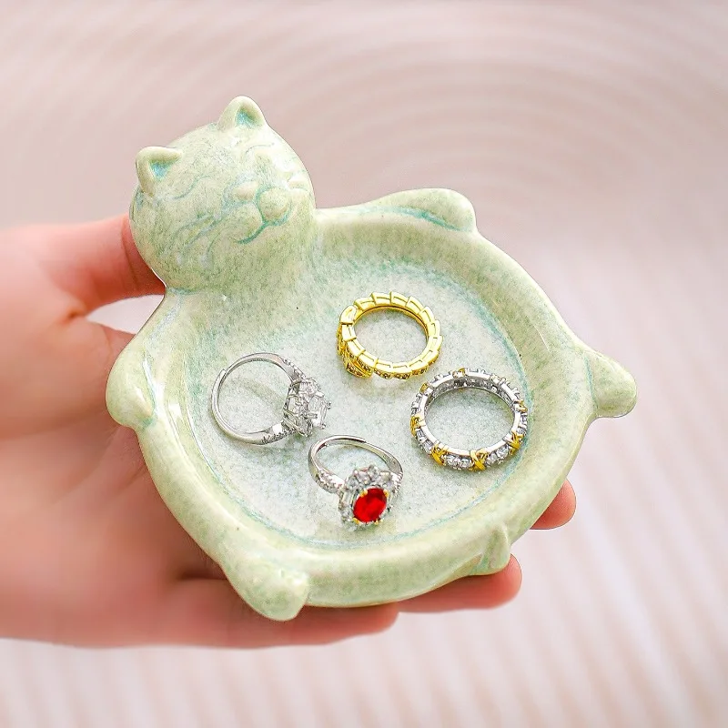 Ceramic Cat Jewelry Tray, European Style Ceramic Storage Plate, Home Desktop Ring Trinket Ornament