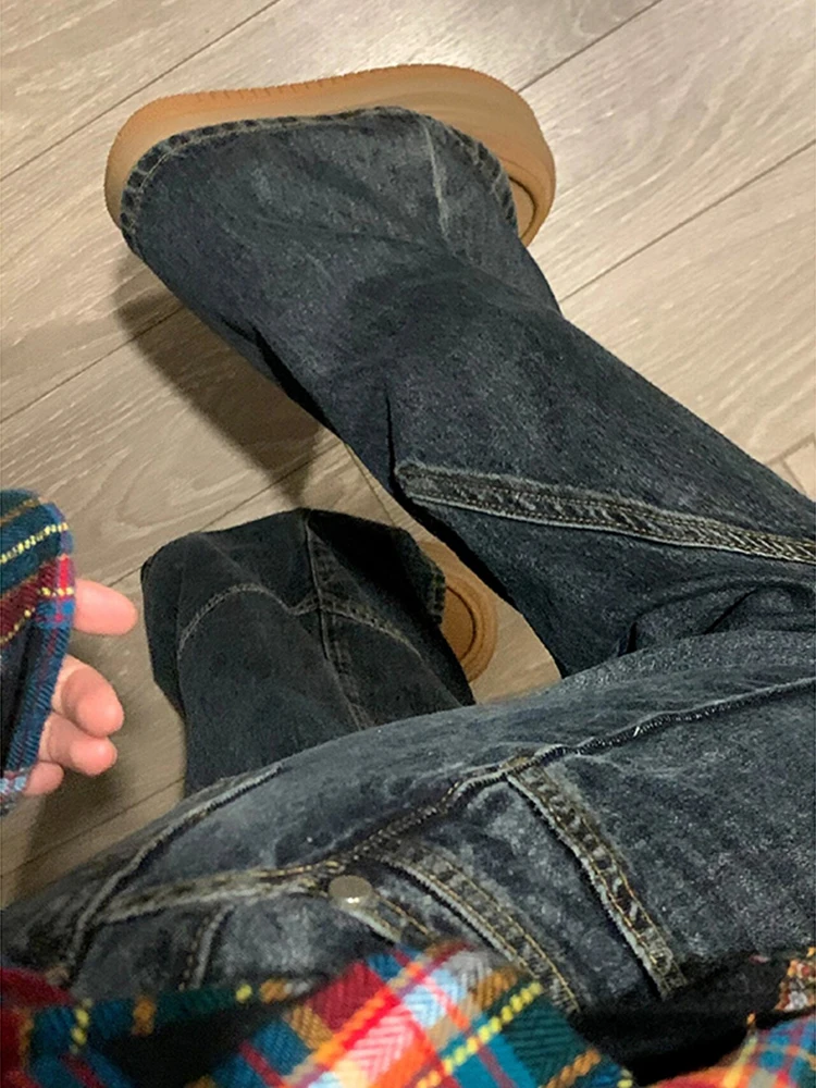 

Американские ретро-джинсы синего цвета с пэчворком, свободные прямые брюки Cleanfit, мужские дизайнерские брюки с микро-клешем, молодежный тренд