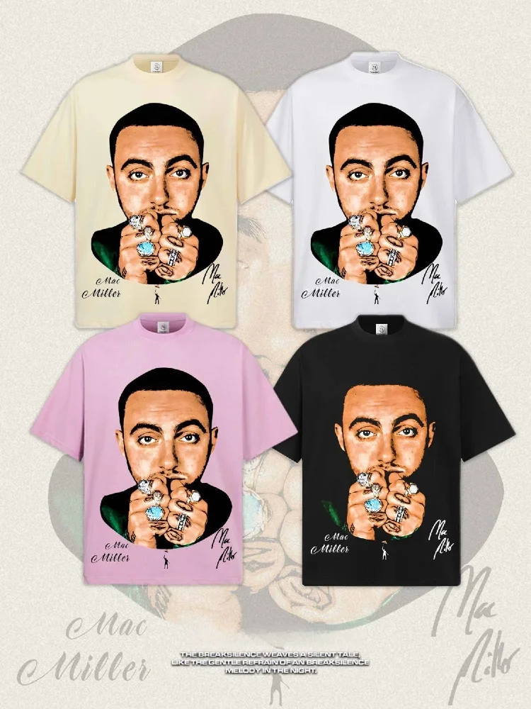 Mac Miller Men's Graphic Print T-Shirt American-Style Spring/Summer Crew Neck Heavyweight 200g Pure Cotton Short-Sleeve