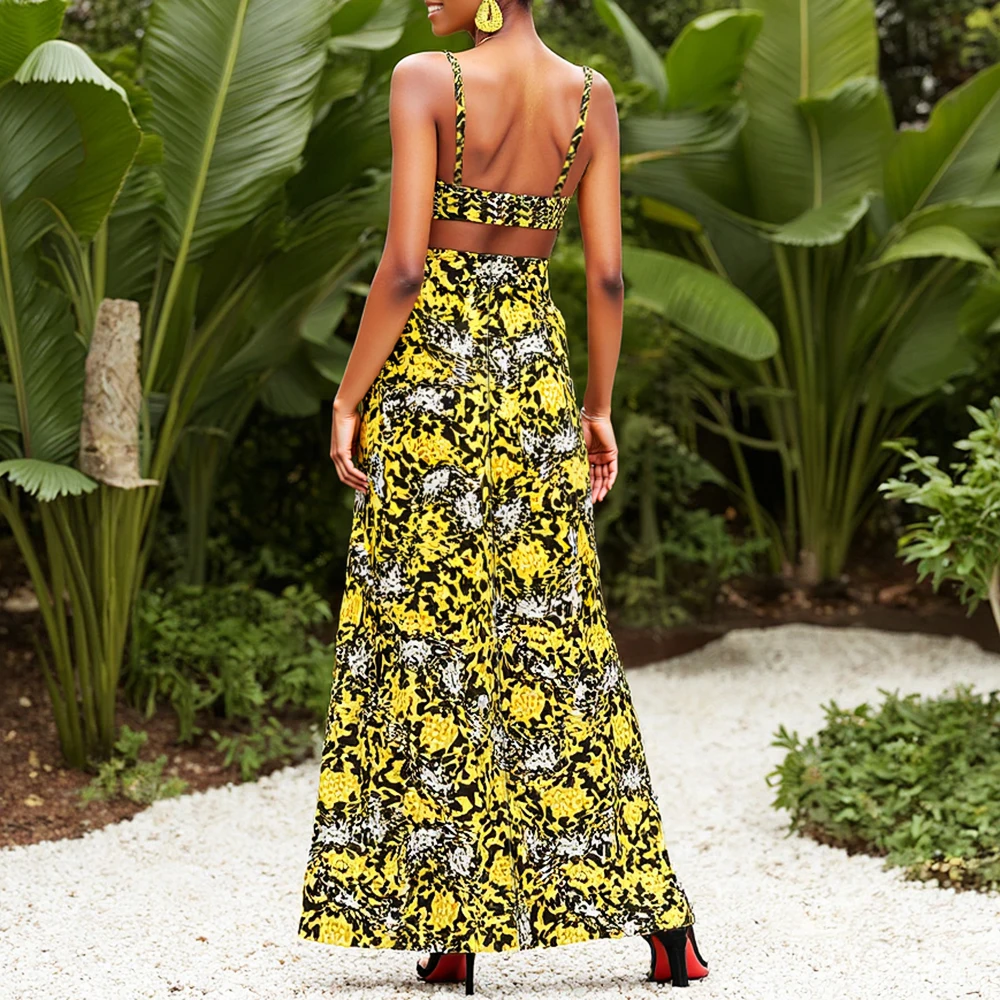 Mia Muse damessets voor het hele seizoen mode wilde bloemen camouflage mouwloos off-shoulder split maxi a-lijn streetwear sets