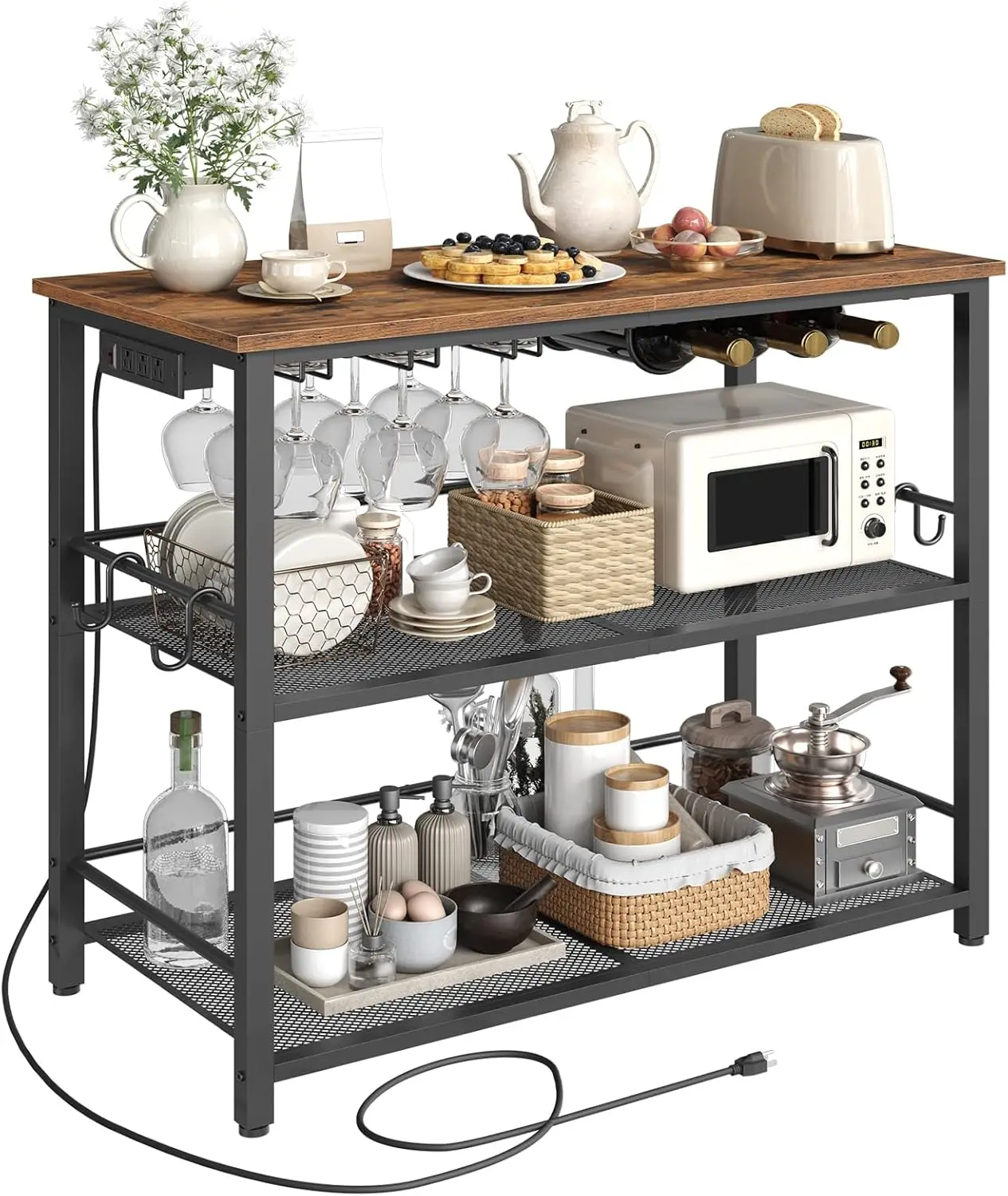 

Кухонный остров 47,2 дюйма с розеткой, подставкой для микроволновки, винной полкой и кофейной станцией в деревенском стиле, коричнево-черный цвет