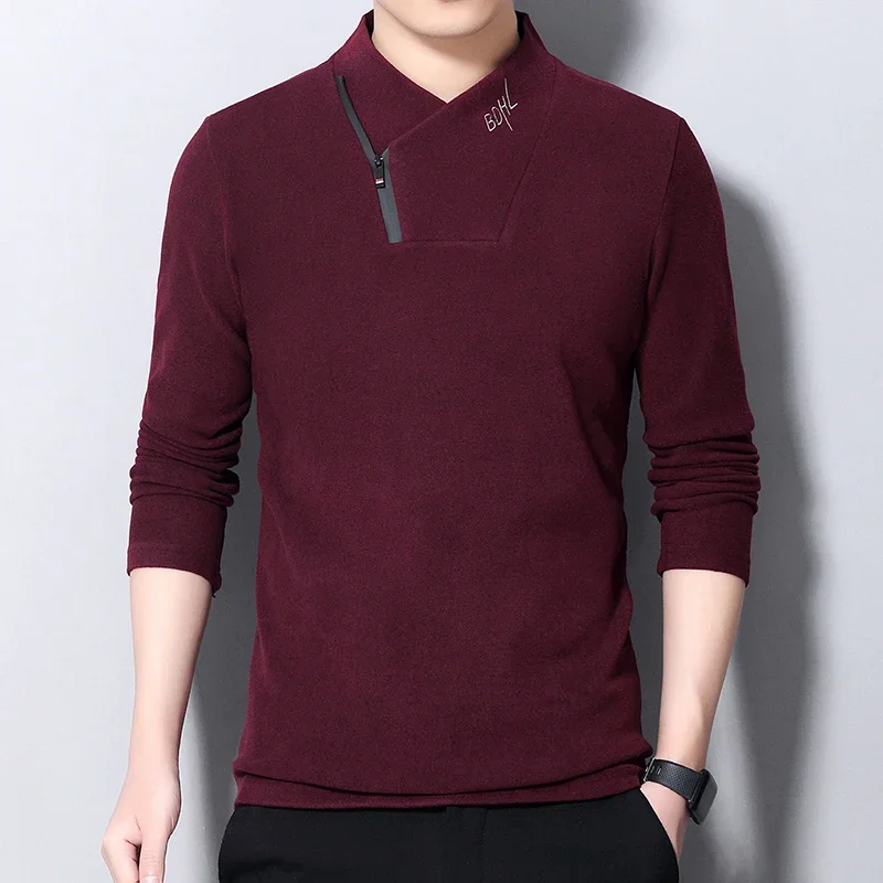 New Men\'s Casual Suede Long Sleeve Polo Shirt Fashion Solid Polo Top