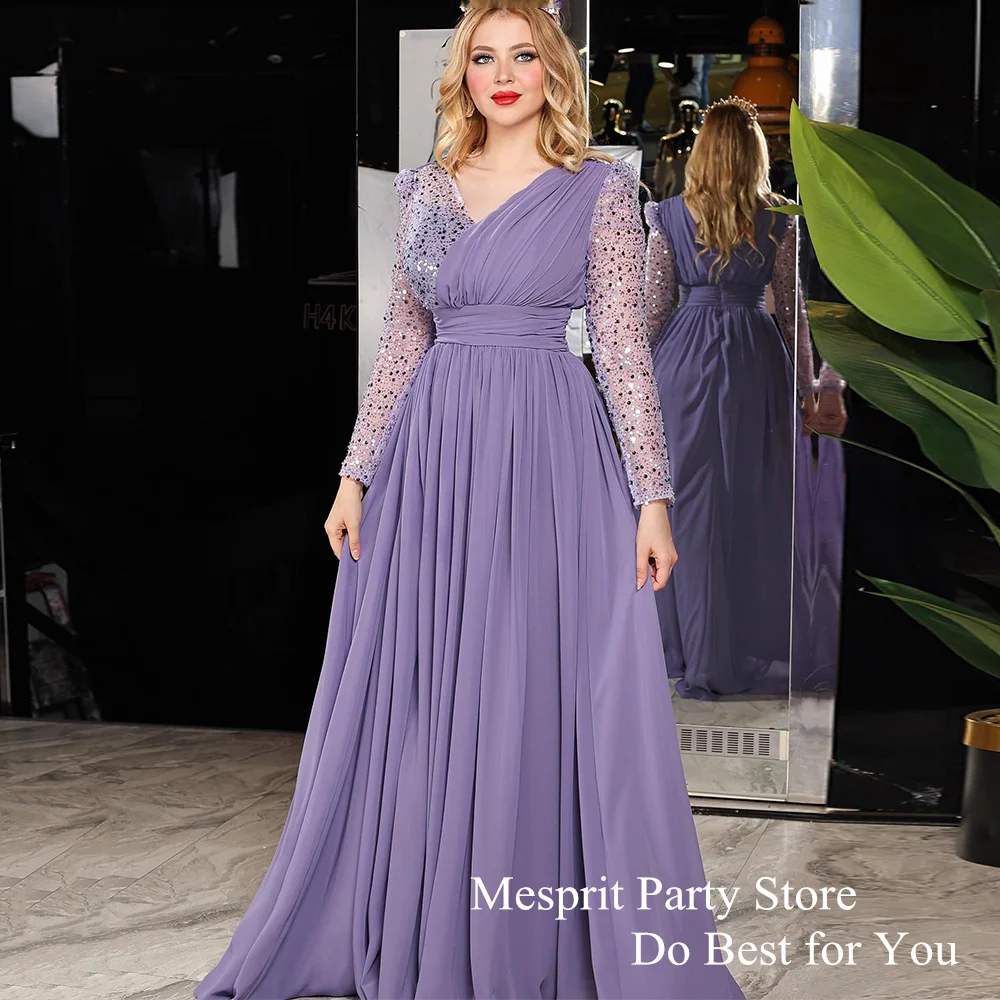 Lilac Prom Dresses Long Sleeves V Neck Pleat Chiffon A Line Arabian Evening Dress فساتين سهرات Saudi Arab Formal Party Gown