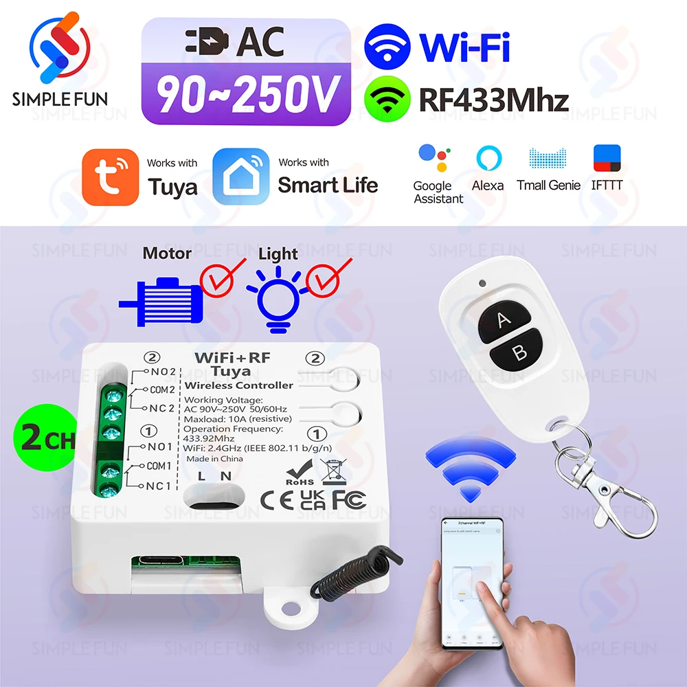 Tuya WiFi RF Wireless Remote Control Light Switch Motor Switch 110V 220V 230V 10A 2CH Support Alexa Google Home,for LED Door Fan