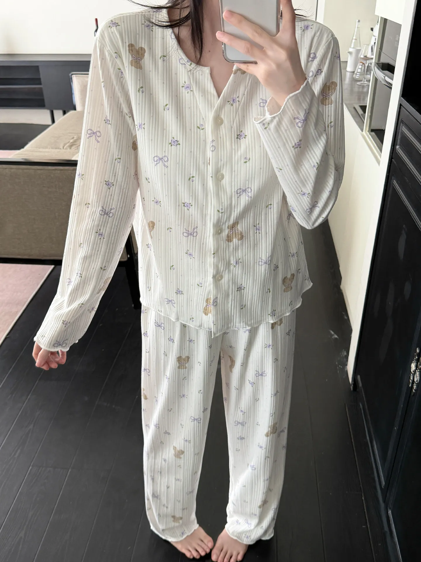 Women's Modal Cotton Sleepwear Long Sleeve Home Clothes with Chest Pad Spring Autumn Summer Outdoor Wearable Comfortable Pajamas