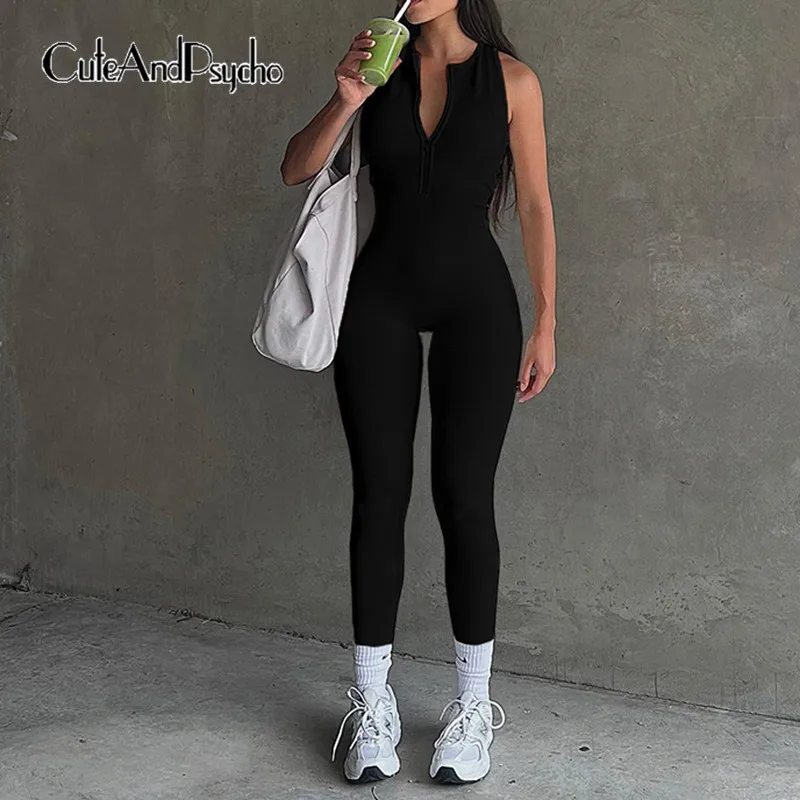 

Cuteandpsycho Chic Backless Skinny Jumpsuits Y2K Casual Solid Pencil Pants Vintage Crewneck Sleeveless Zipper Yoga Bodysuits