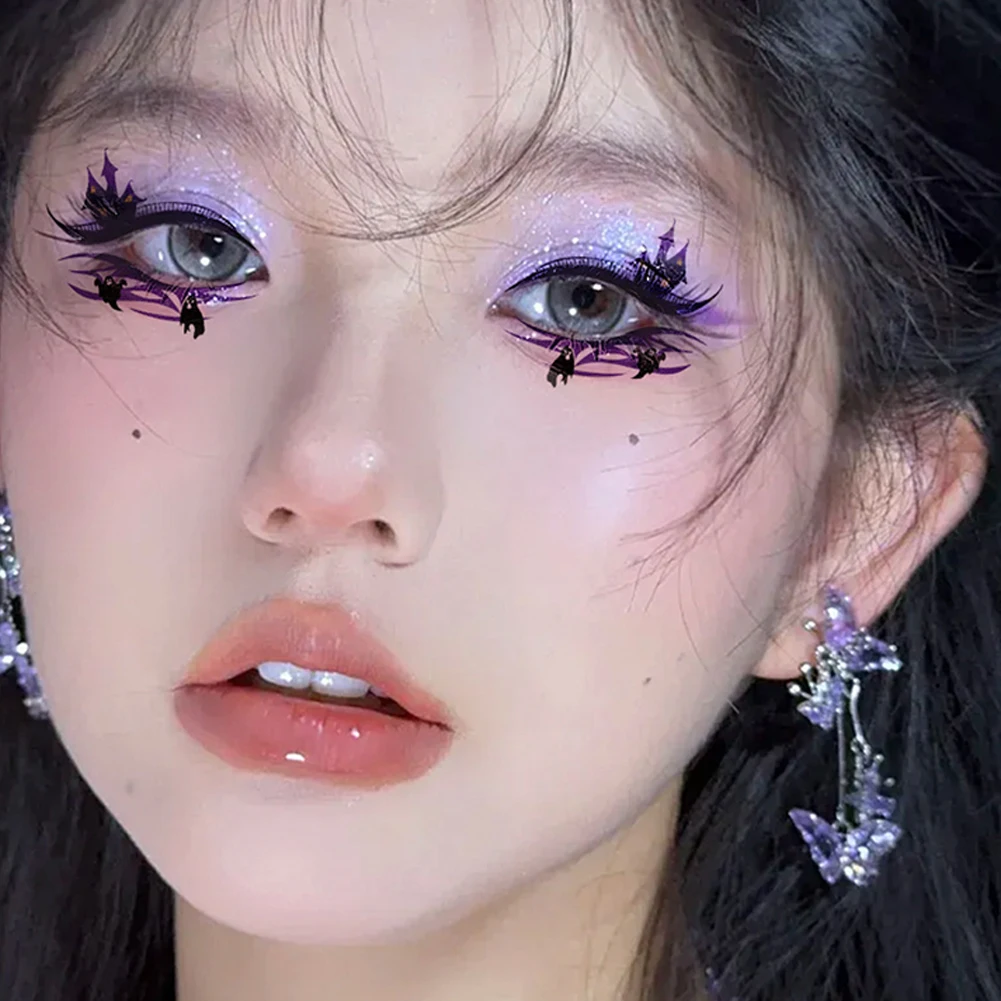 1PC Halloween Facial Tattoo Stickers, Waterproof Bat & Witch Pattern Eye Line Stickers, Festival Face Art Decor for Women Girls