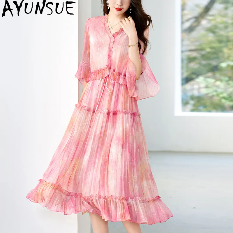 AYUNSUE 100% Silk Dresses for Women Fashion V-neck Pink Dress Woman Birthday Dress Luxury High Quality Woman Clothing Summer 원피스