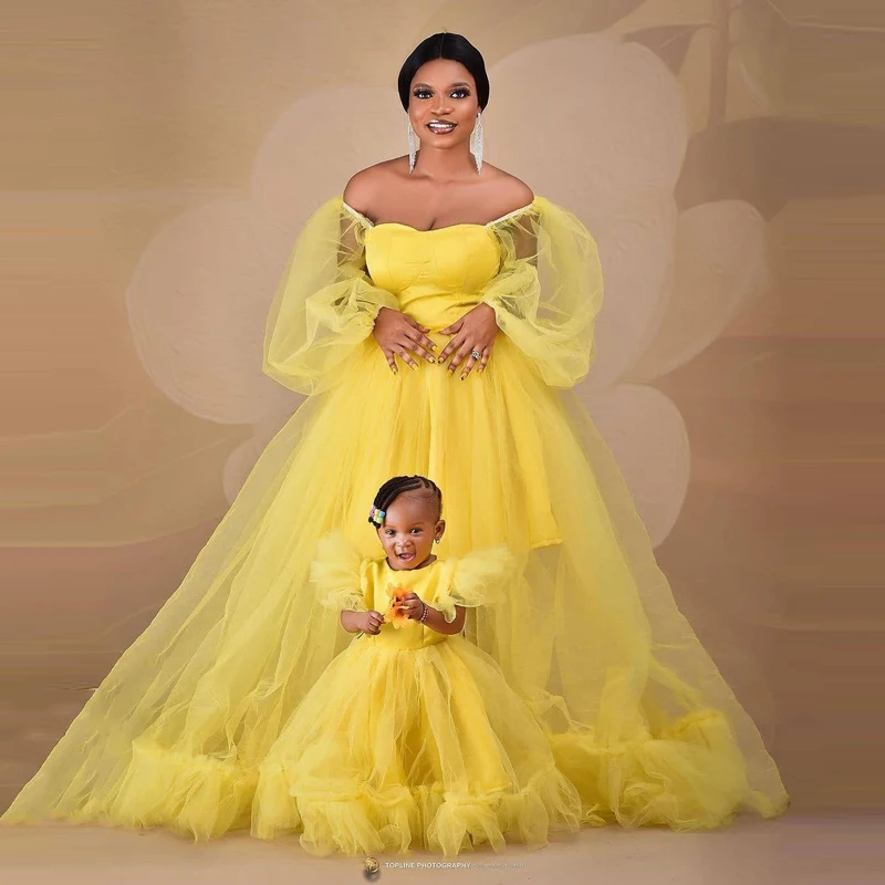 

Yellow A-Line Draped Tulle Women Dresses Strapless Long Floor Length Illusion Mesh Dress Mom & Me Birthday Party Tulle Dress