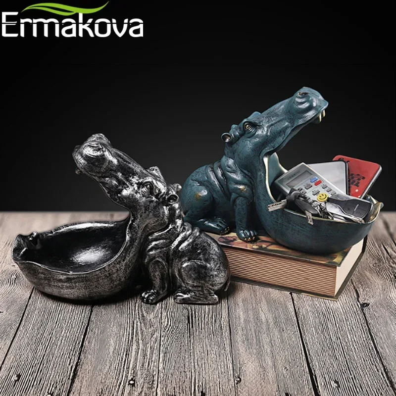 ERMAKOVA Resin Hippo Statue Hippopotamus Sculpture Figurine Key Candy Container Decoration Home Table Decoration Accessories